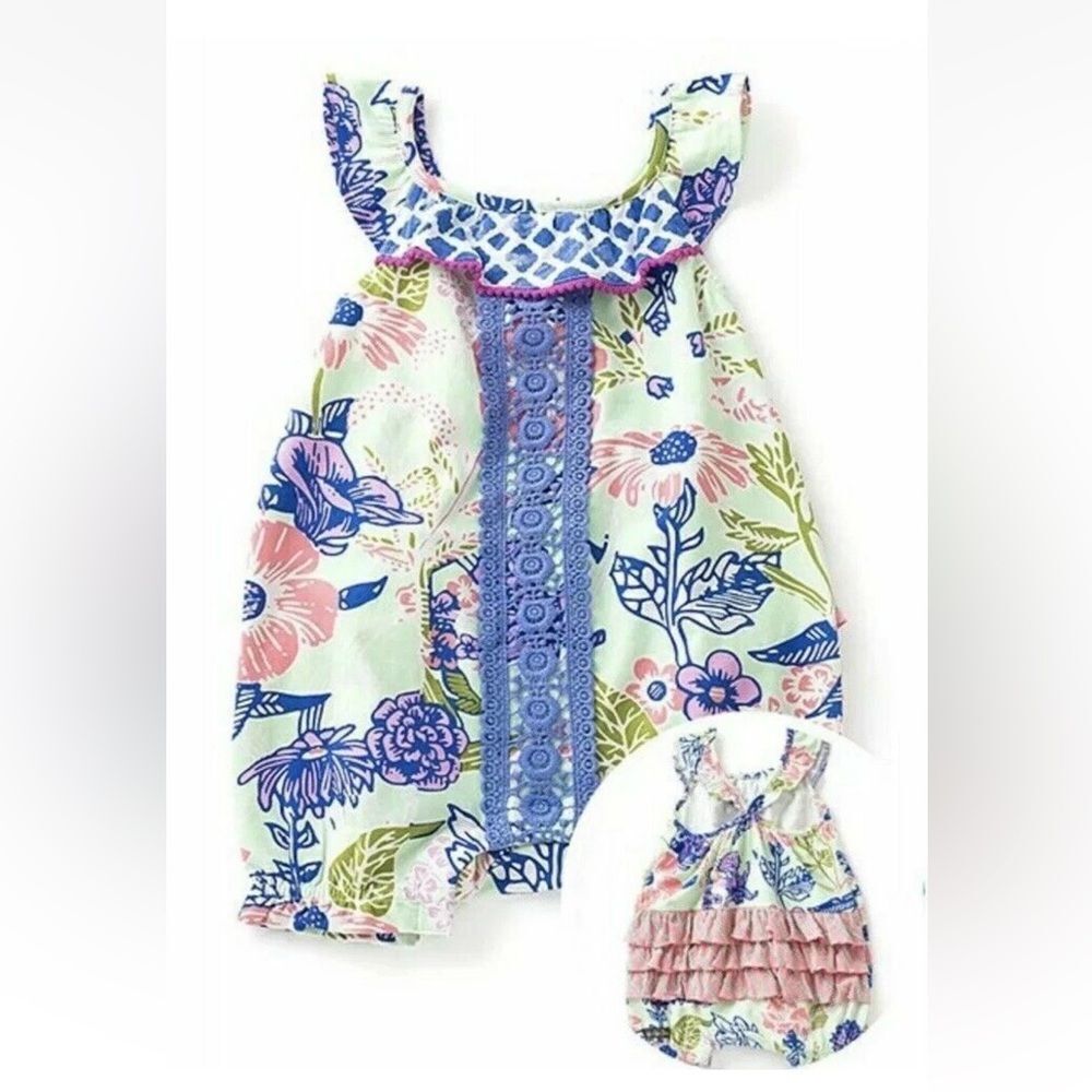 Matilda Jane green and pink floral parachute bubble romper EUC size 3-6 months